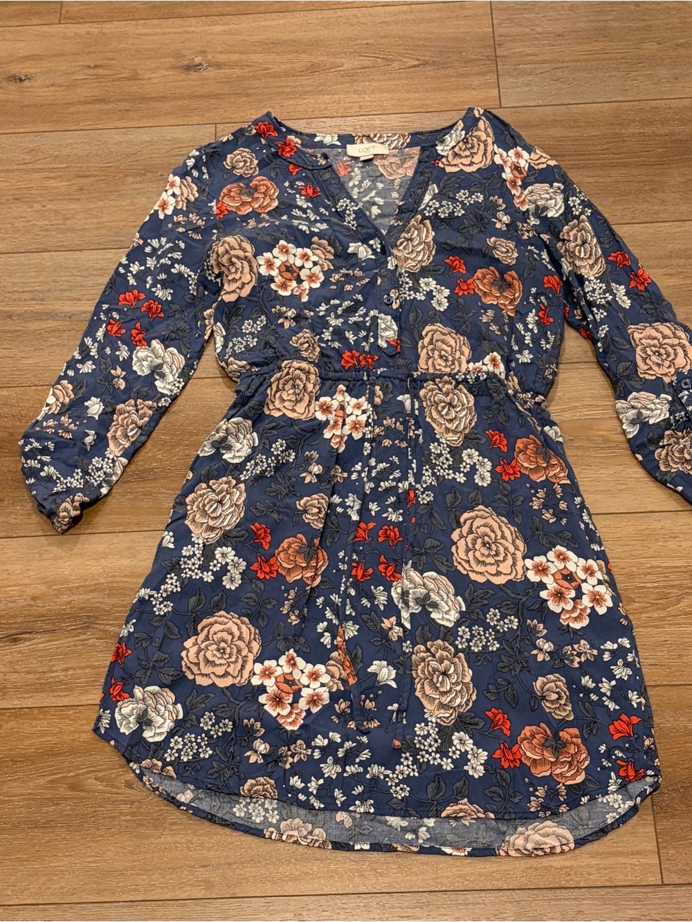 LOFT Navy Floral Mini Dress with Red and Cream Blossoms